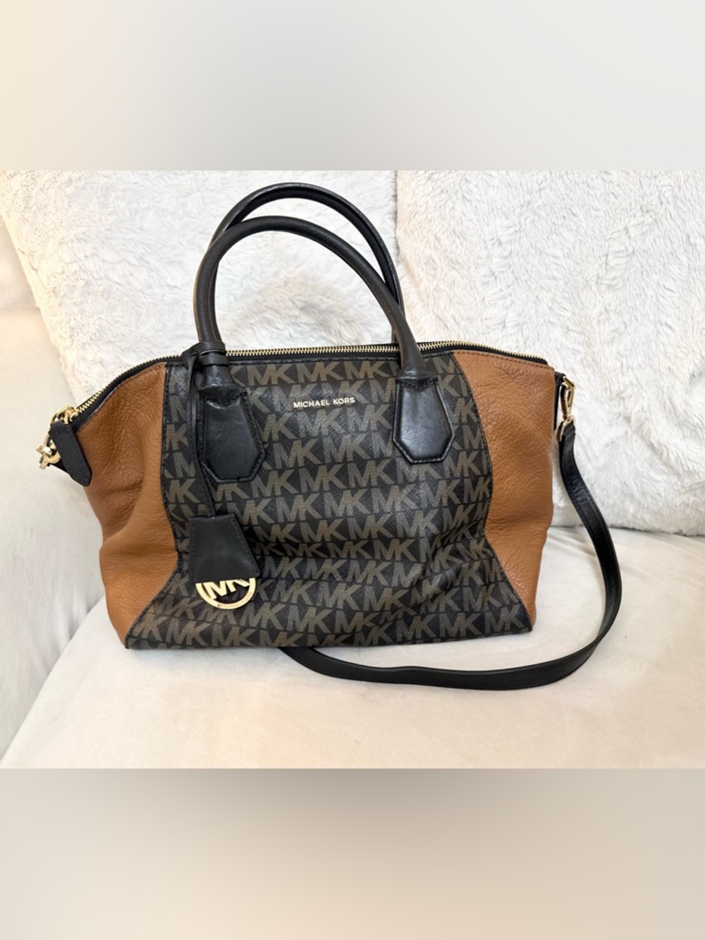 Michael Kors Campbell Large Logo Canvas and Leather Satchel Brown/Tan